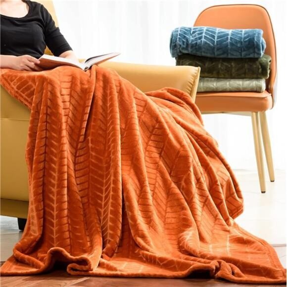 Soft Brushed Flannel Throw Blanket - Burnt Orange Chevron Fleece, 50x60 Inches - Picture 2 of 6